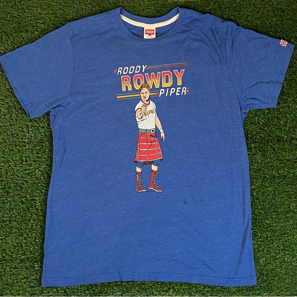 ROWDY RODDY PIPER - Homage Wrestling T-Shirt - Men’s Size Large - WWF WWE- Blue